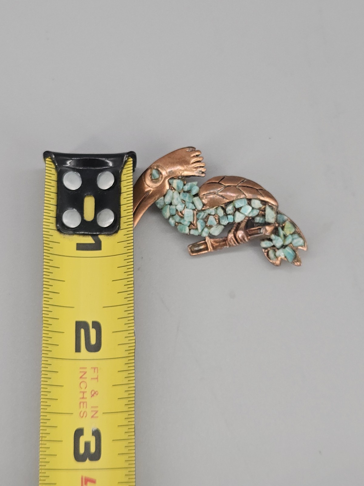 Vintage Copper Toucan Turquoise Chip Inlay Brooch MCM Jewelry Pin