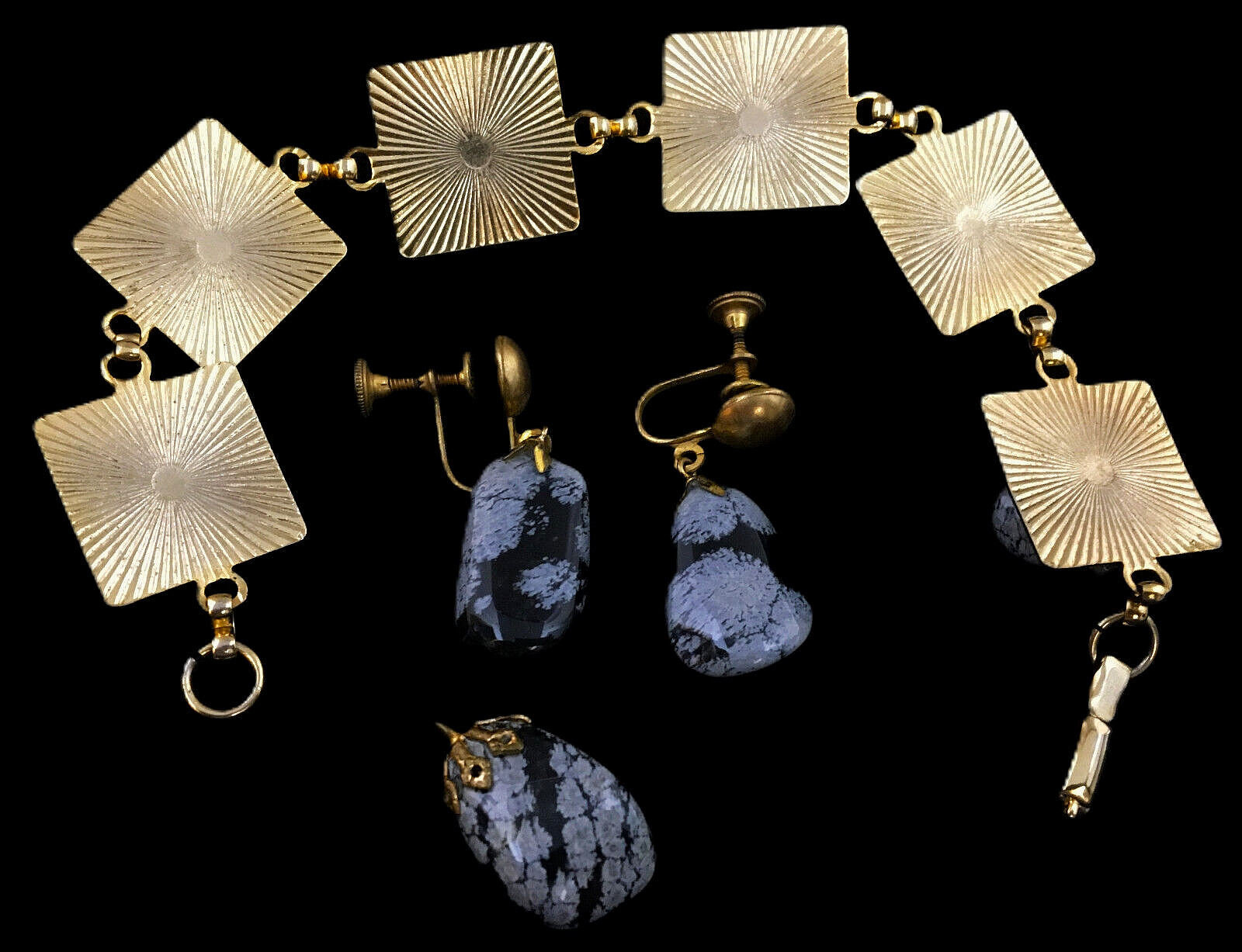 VTG 3 Piece Set GoldTone Polished Stone Bracelet Earrings Pendant Obsidian