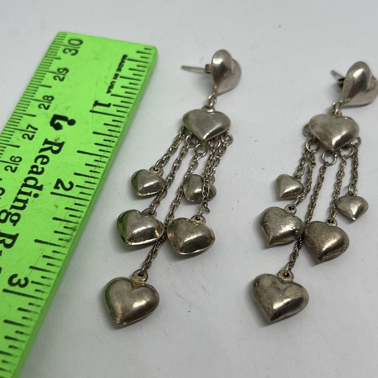 Vintage 925 Sterling Silver Puffy Heart Dangle Chandelier Earrings Signed CW 14