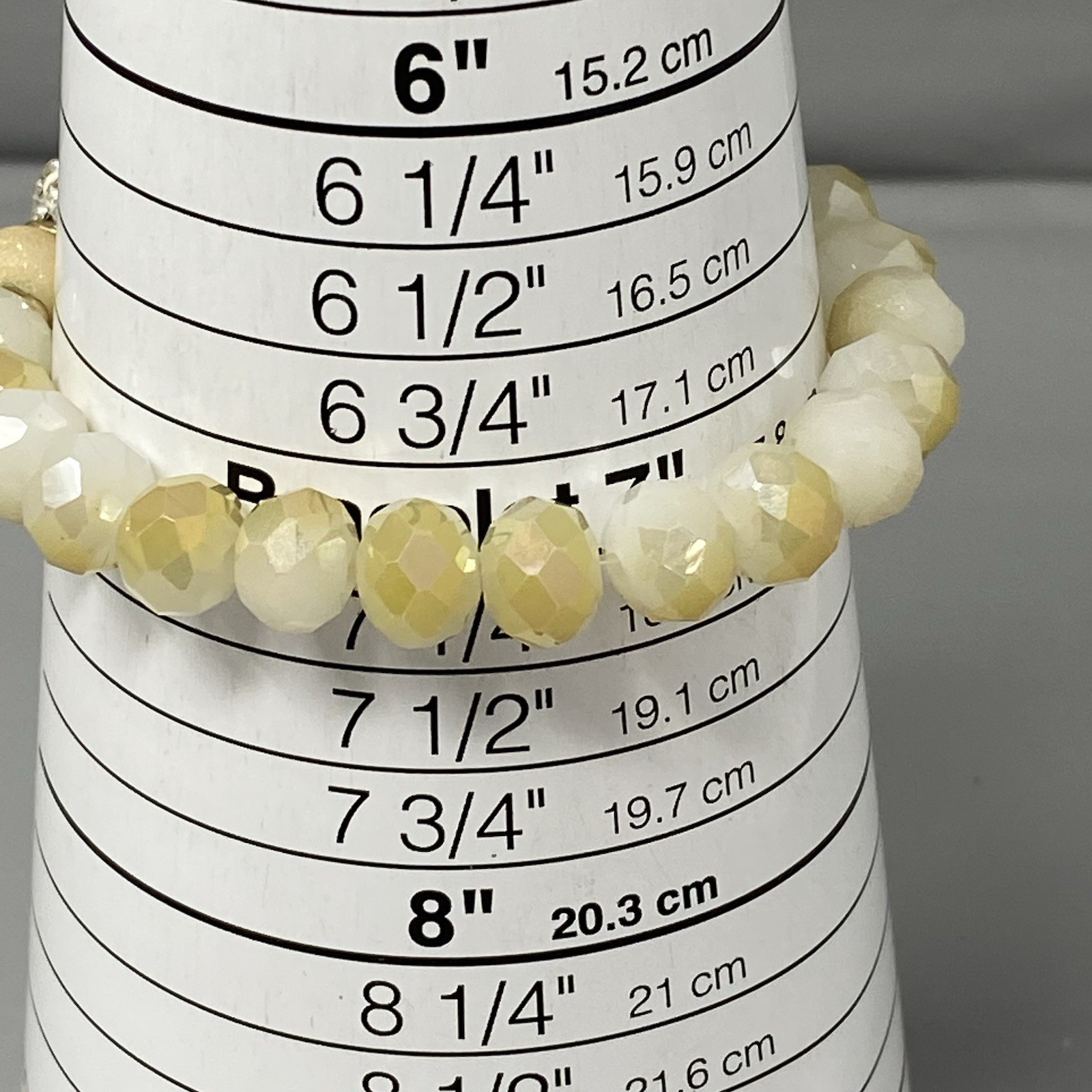 Glass Beaded Bracelet White Opaque Yellow Fire Polished Faceted Stretch 7″