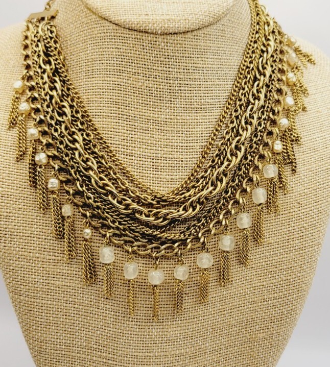 Fringe Necklace Vintage 8 Layers Layered Gold tone Multichain Beaded 16.5″