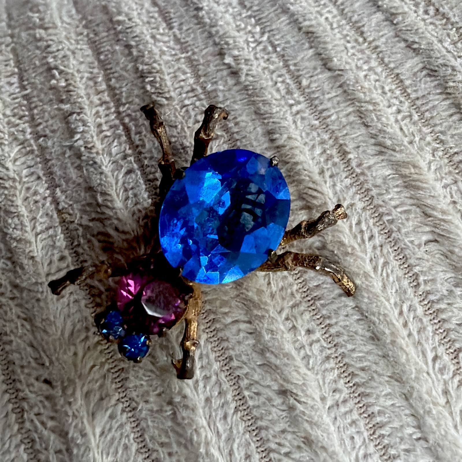 Antique Bug Insect Fly Brooch Pin Cobalt Blue Purple Rhinestones Brass Tones