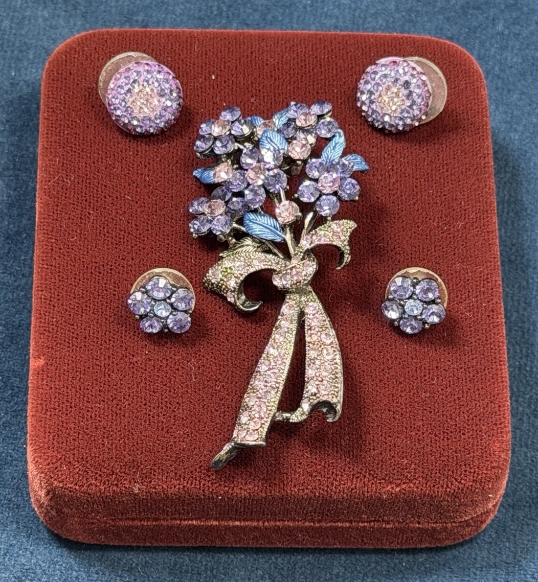 Vintage 90s Flower Bouquet Brooch Pierced Earrings 5 PC Set Purple Pink Gunmetal