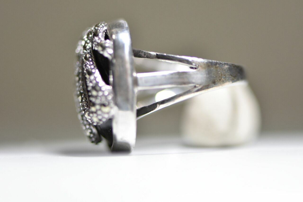 Snake ring onyx marcasites sterling silver women Size 6.75