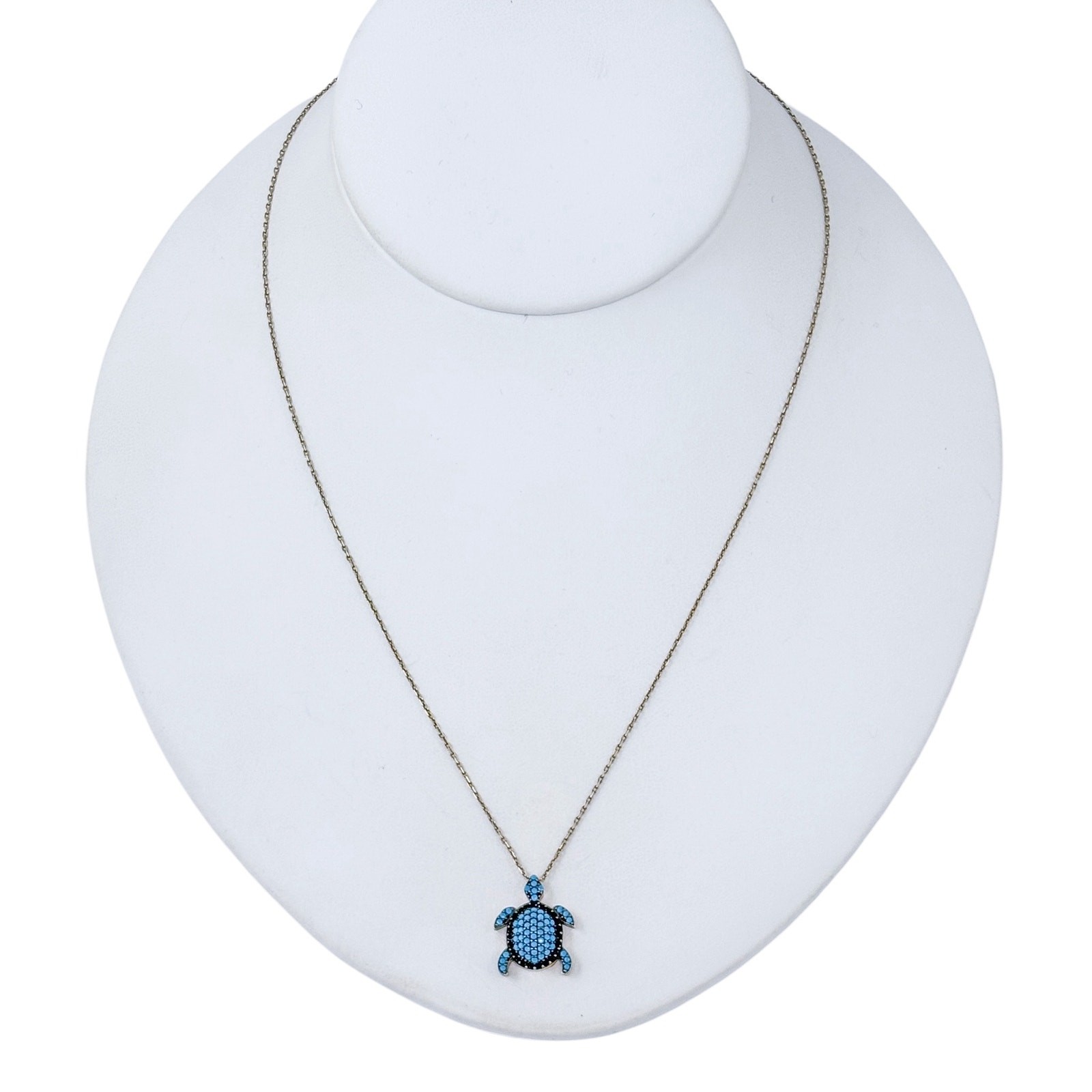 Vintage Gold-Tone Sterling Silver 925 Blue Black Crystal Turtle Necklace 16″-18″