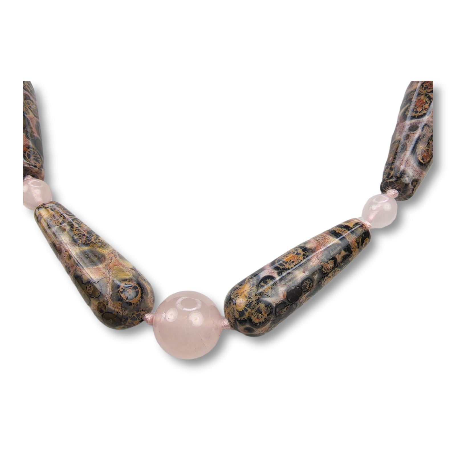 Vintage Rose Quartz and Pink Ocean Jasper Necklace with 14KT Yellow Gold Clasp