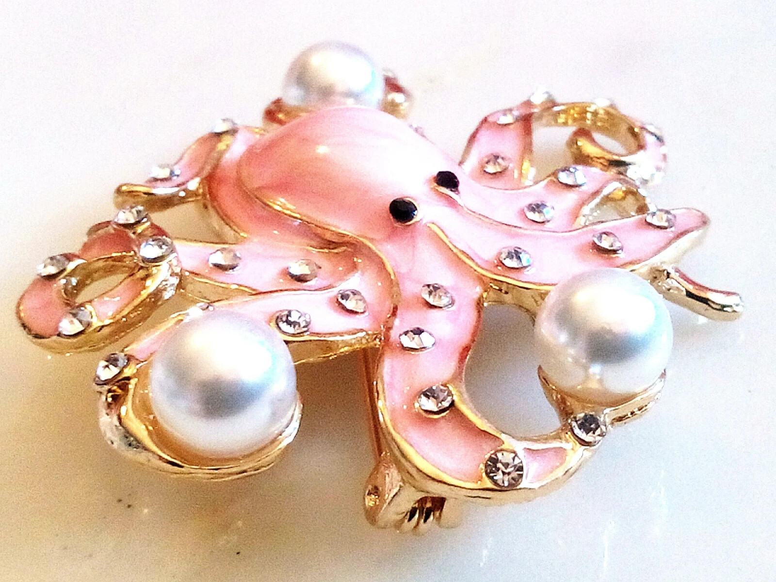 ENAMELED OCTOPUS BROOCH/PENDANT! Pink Enameled, Clear Crystals, Imitation Pearls