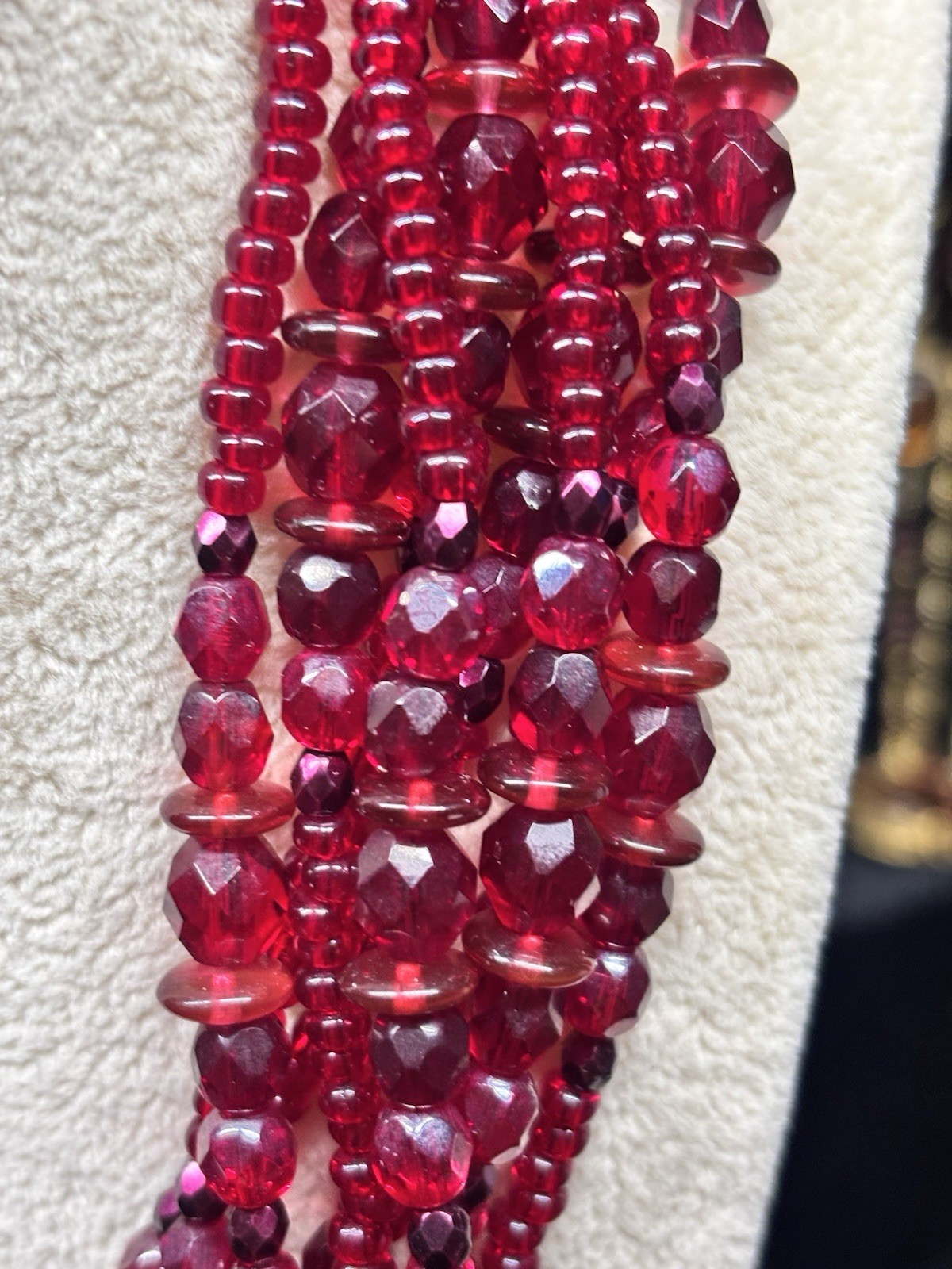 Vintage Lovely Ruby Red Crystal Glass Beads 8 Strand Necklace Adj 16-18 “