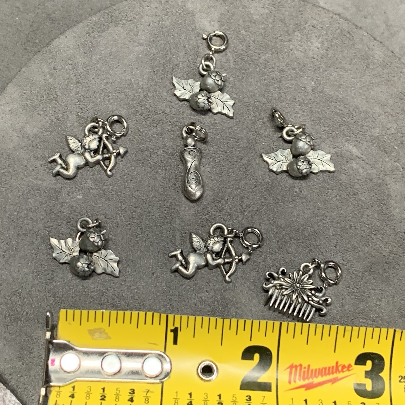 Vintage R.I. Bead Dangle 3D Charm Silver Tone Acorns Cupids & More, Lot Of 7.