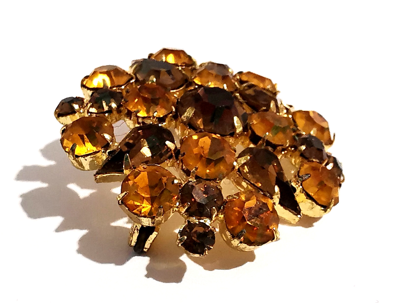 Vintage Czech Brooch Yellow and Broun Faceted Glass Gilded Metal Pin Handmade