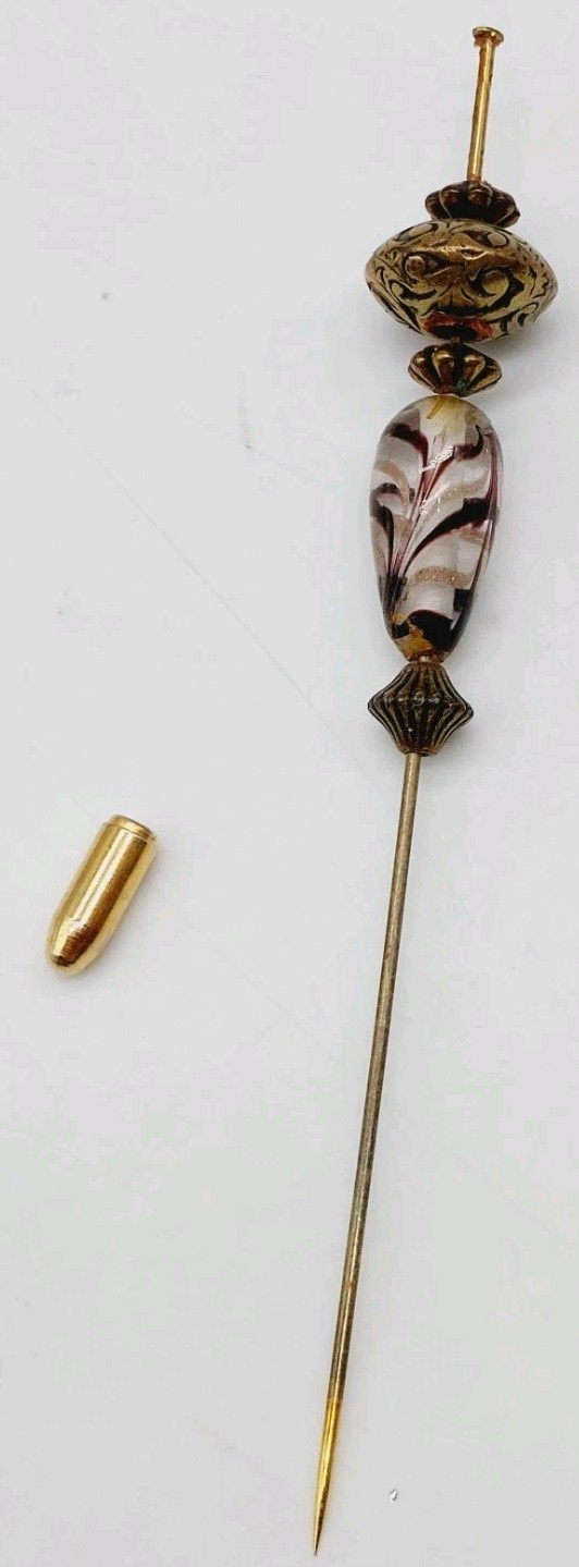Vintage Murano Hand Blown Swirl Glass Hat Pin White Brown 4″
