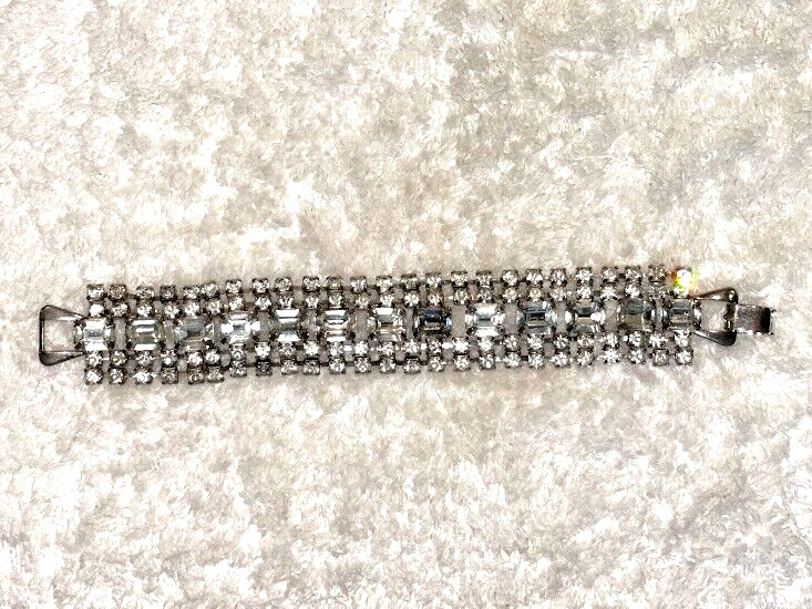 Vintage Emerald Cut and Round Rhinestone Bracelet, Five Row, Unsigned