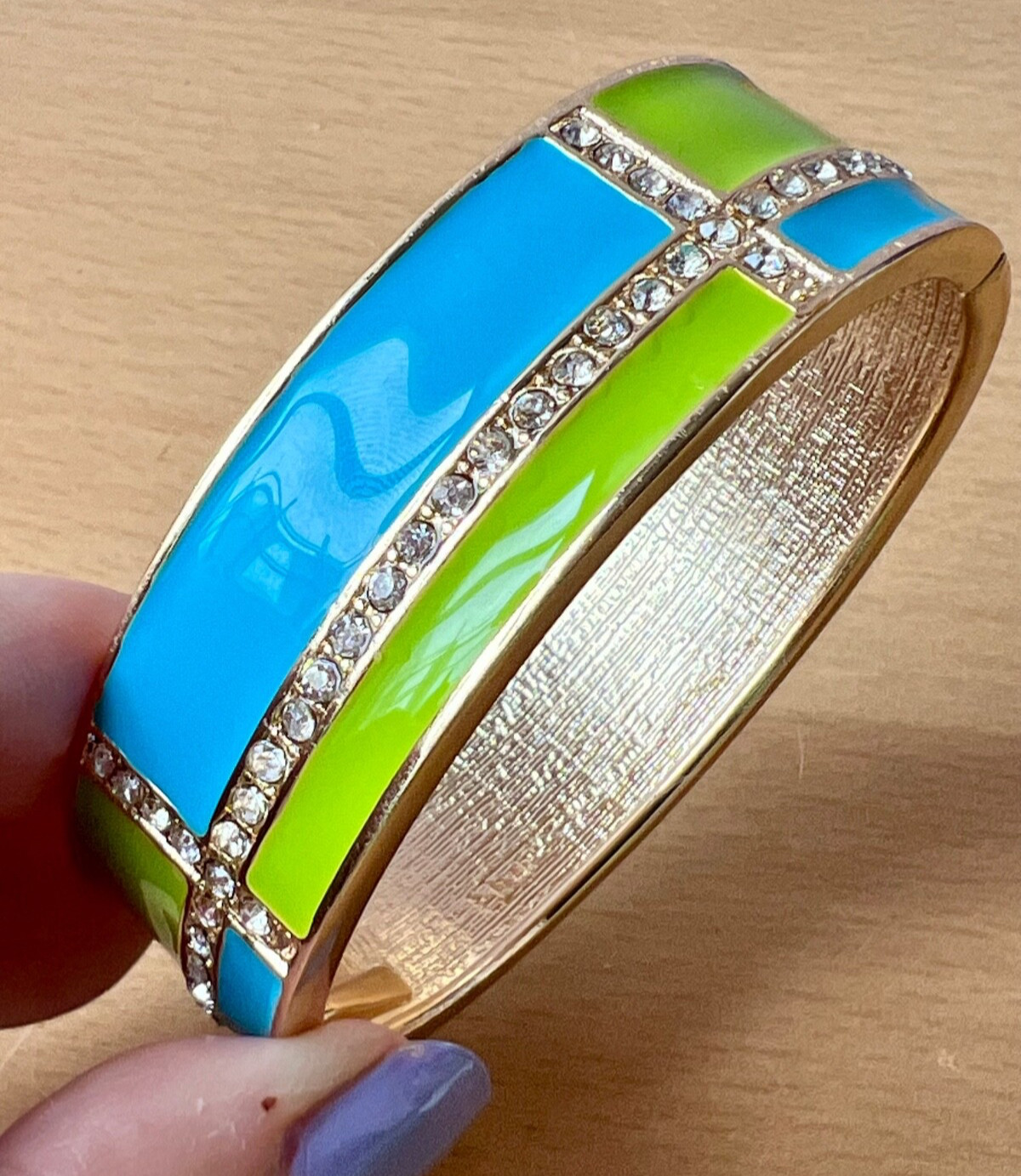 VINTAGE VIVID NEON GREEN & BLUE ENAMEL RHINESTONES HINGED WIDE BANGLE BRACELET