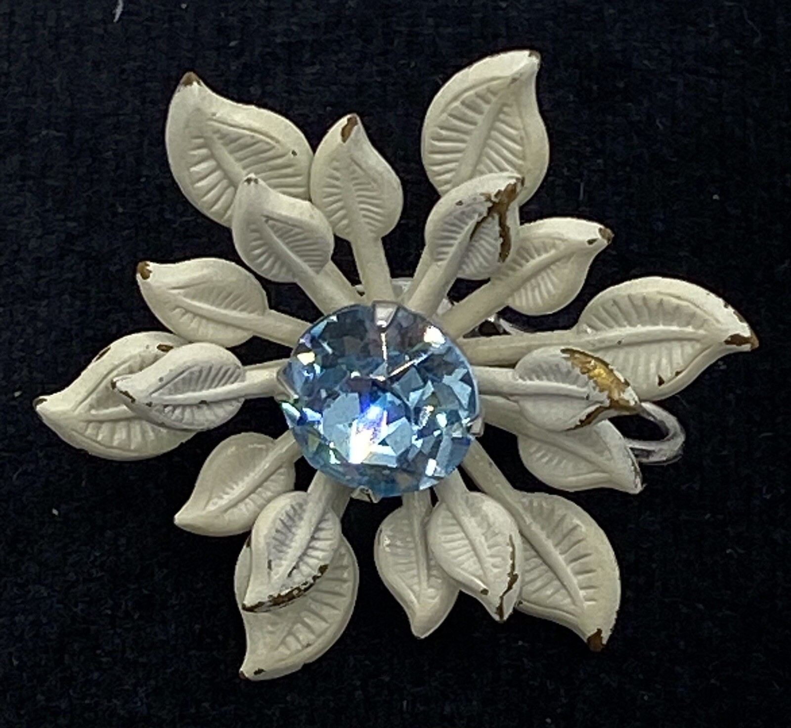 Vintage White Enamel Blue Topaz Rhinestone Flower Brooch & Clip-on Earring Set