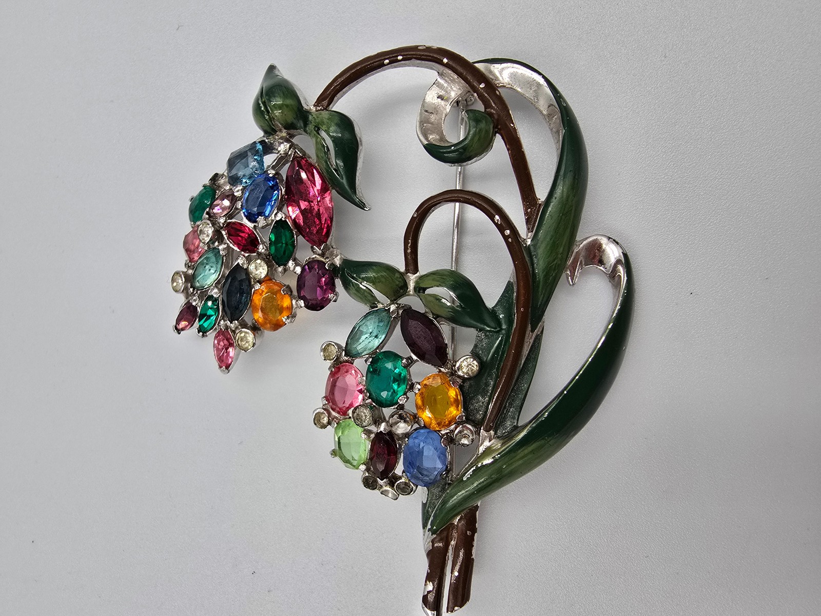 Vintage Enamel Pot Metal Flower Brooch Pin Multicolor Rhinestone Floral Bouquet
