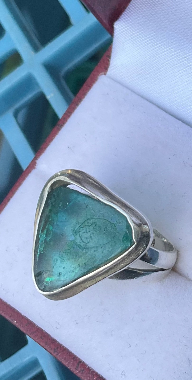 Vintage STERLING RING Aqua Sea Glass Shard Caribbean Blue Signed FNA Size 7.25