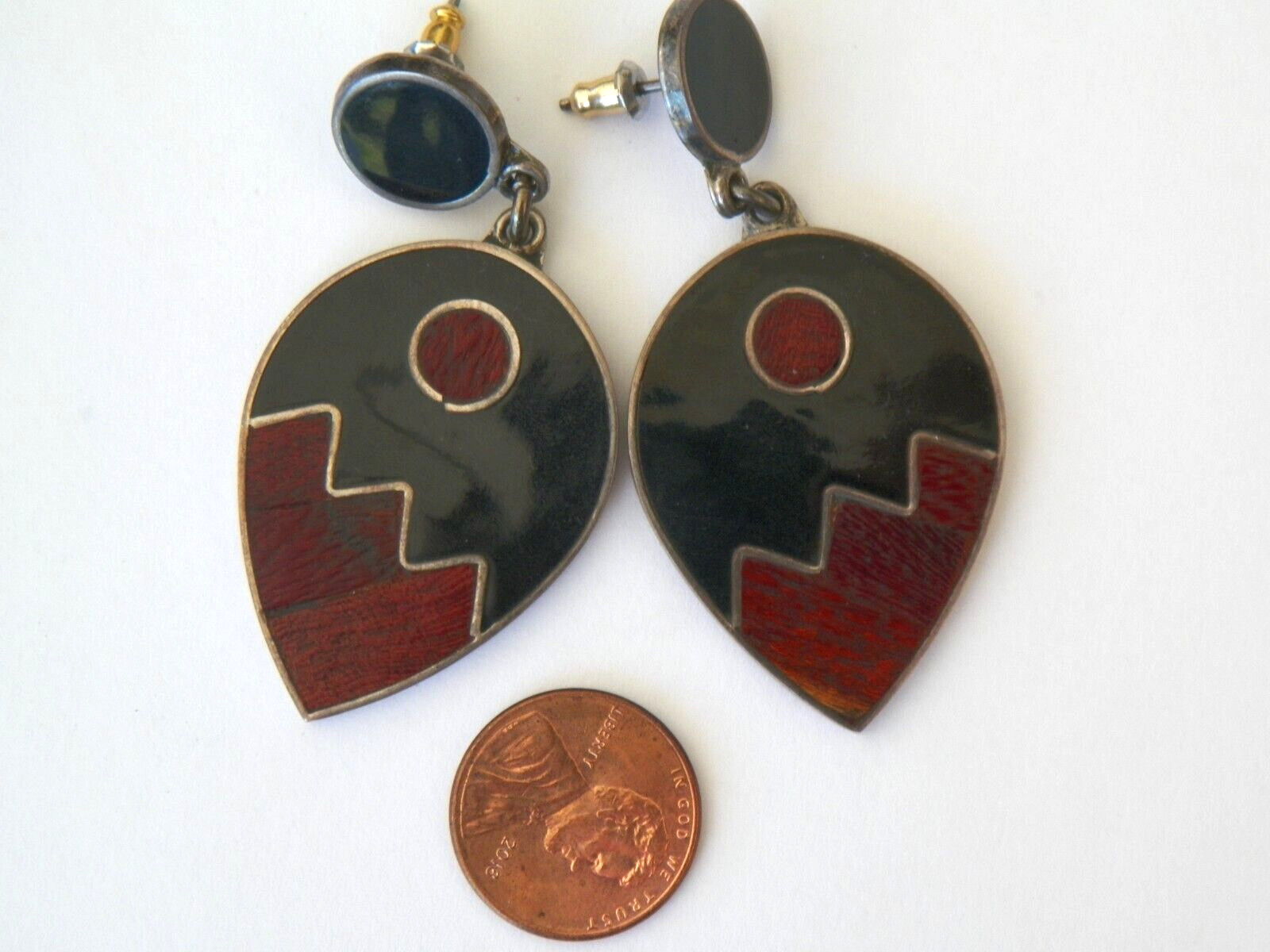 Modern vintage sterling silver inlaid wood/ black enamel earrings Forbes