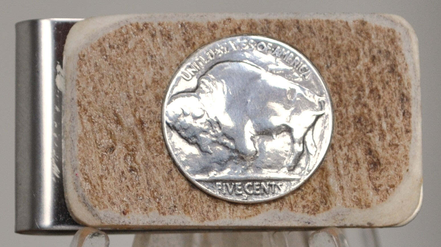 Vintage Buffalo Nickel on Moose Antler Money Clip With Stainless Steel Backing