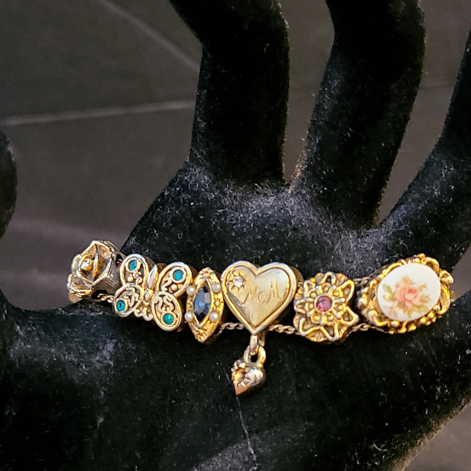 Vintage Victorian Gold Tone Slide Bracelet (14) Charms Mom Cameo Butterfly Heart