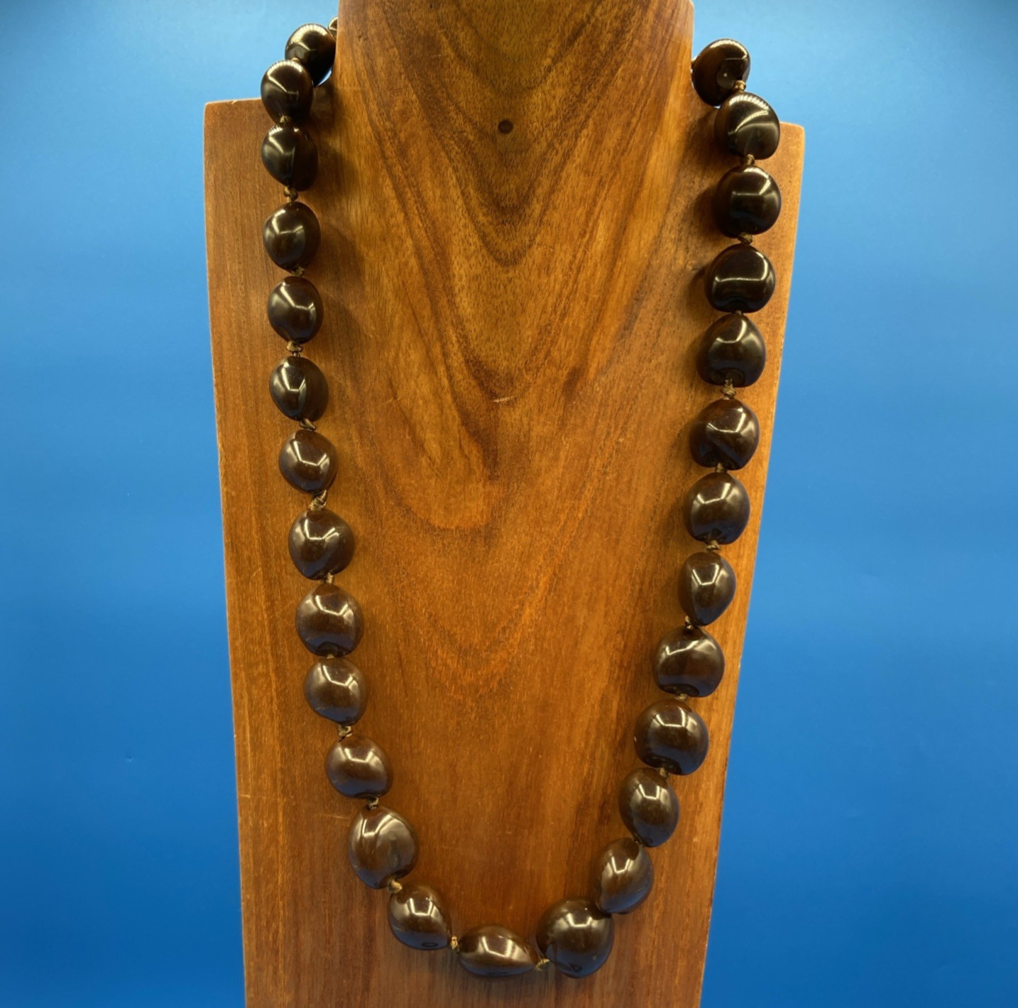 NECKLACE BRACELET vintage Set Hawaii large Kukui Nuts brown black 28″ ribbons