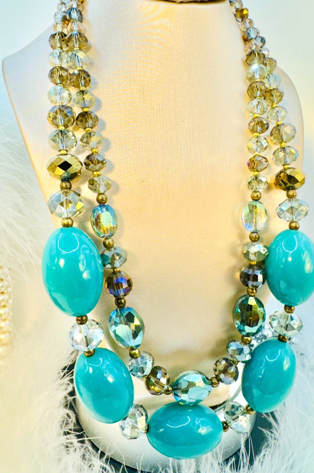 Vtg Iridescent Fully Faceted Crystals, Glass Beads 16 1/2″ Beautiful Necklace!!