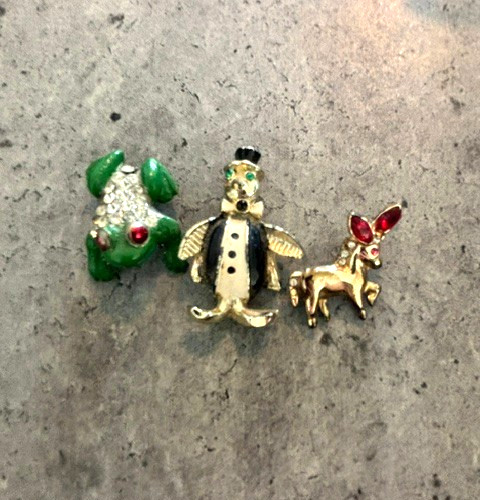 Vintage Lot of 3 Brooches- Frog, Silver Tone Penguin and Gold Tone donkey