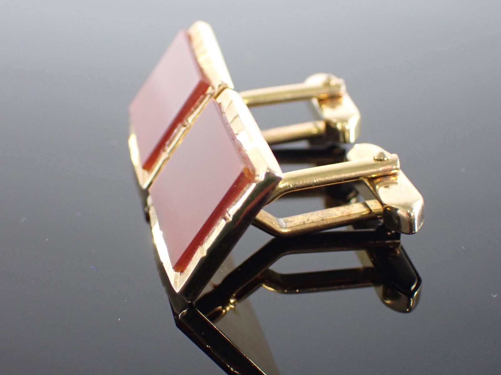 Vintage Gold Tone Red Stone Rectangular Cufflinks Mid Century Style