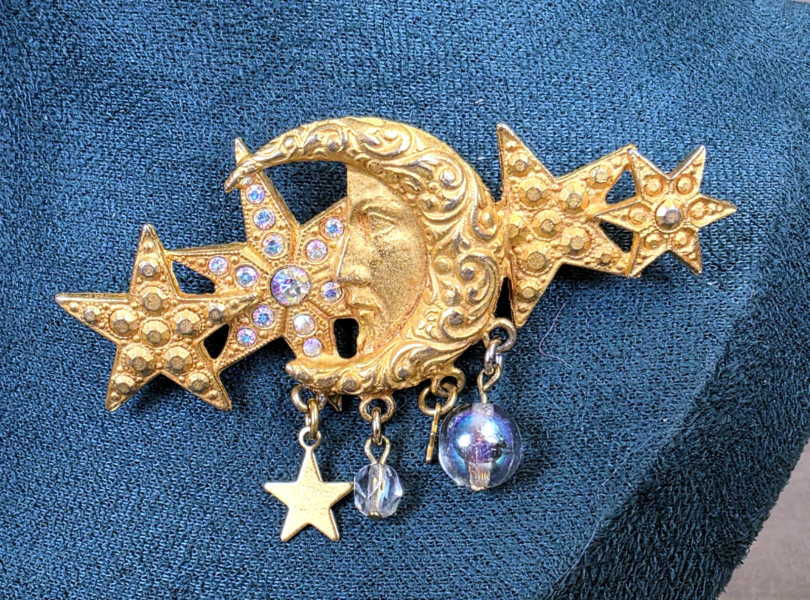 Vintage KIRKS FOLLY Celestial Moon Face Stars Brooch Pin