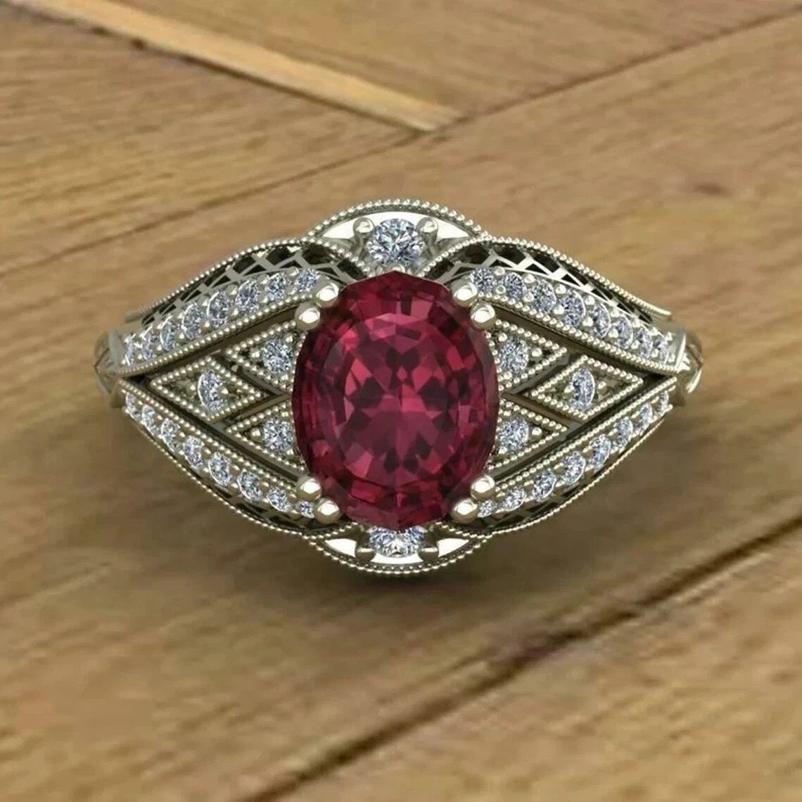 Art Deco Style Oval Lab Created Diamond Ruby 14K White Gold FN Engagement Ring