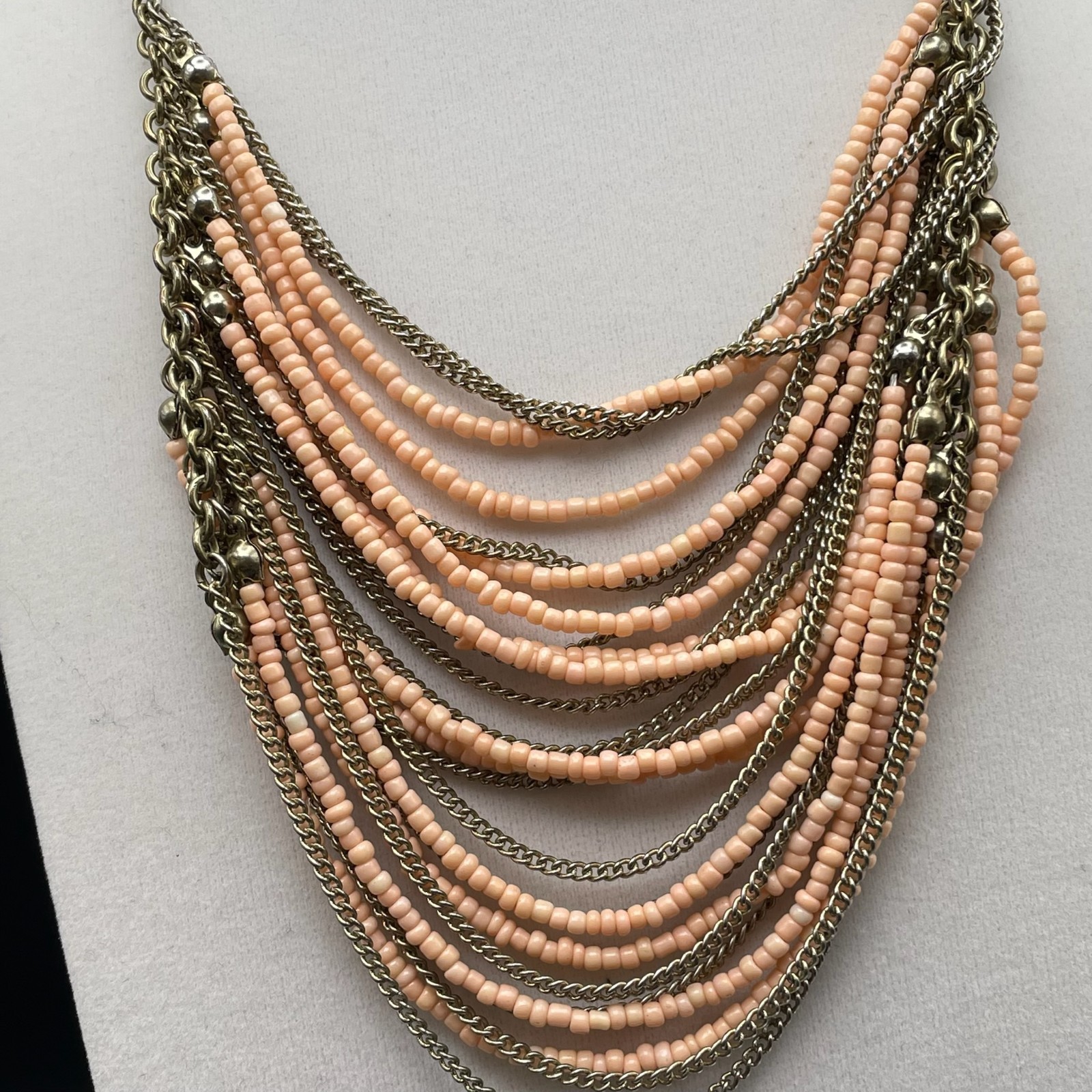 Vintage VTG Multistrand Collar Necklace Peach Seed Beads Brass Chain Aluminum