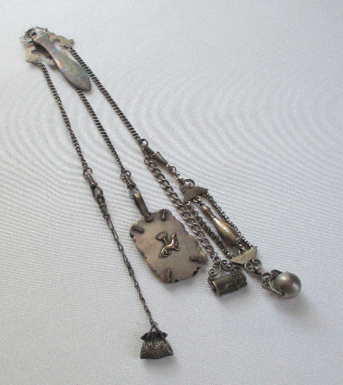 Vintage Fleur de Lis Belt Hook Chatelaine with Chains and Attachments