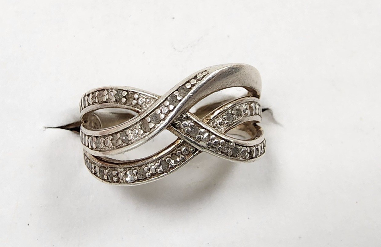 DBJ Diamond (Tested) Sterling Silver 925 Crossover Band Ring Size 8 Pre-Owned