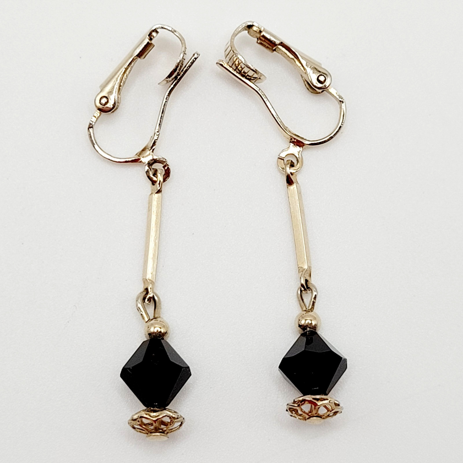 Minimalist Art Deco Drops Black Bicone Crystal Gold Tone Vtg Clip On Earrings