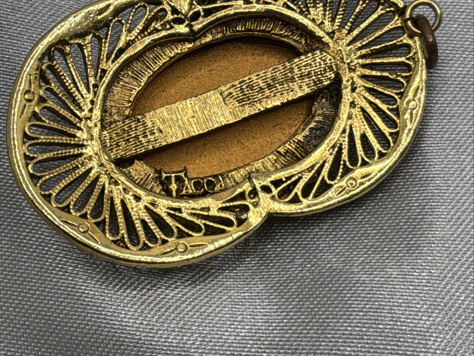 Vintage TACOA Pendant Opalescent Cabochon Stone Gold Tone Filigree Signed READ!