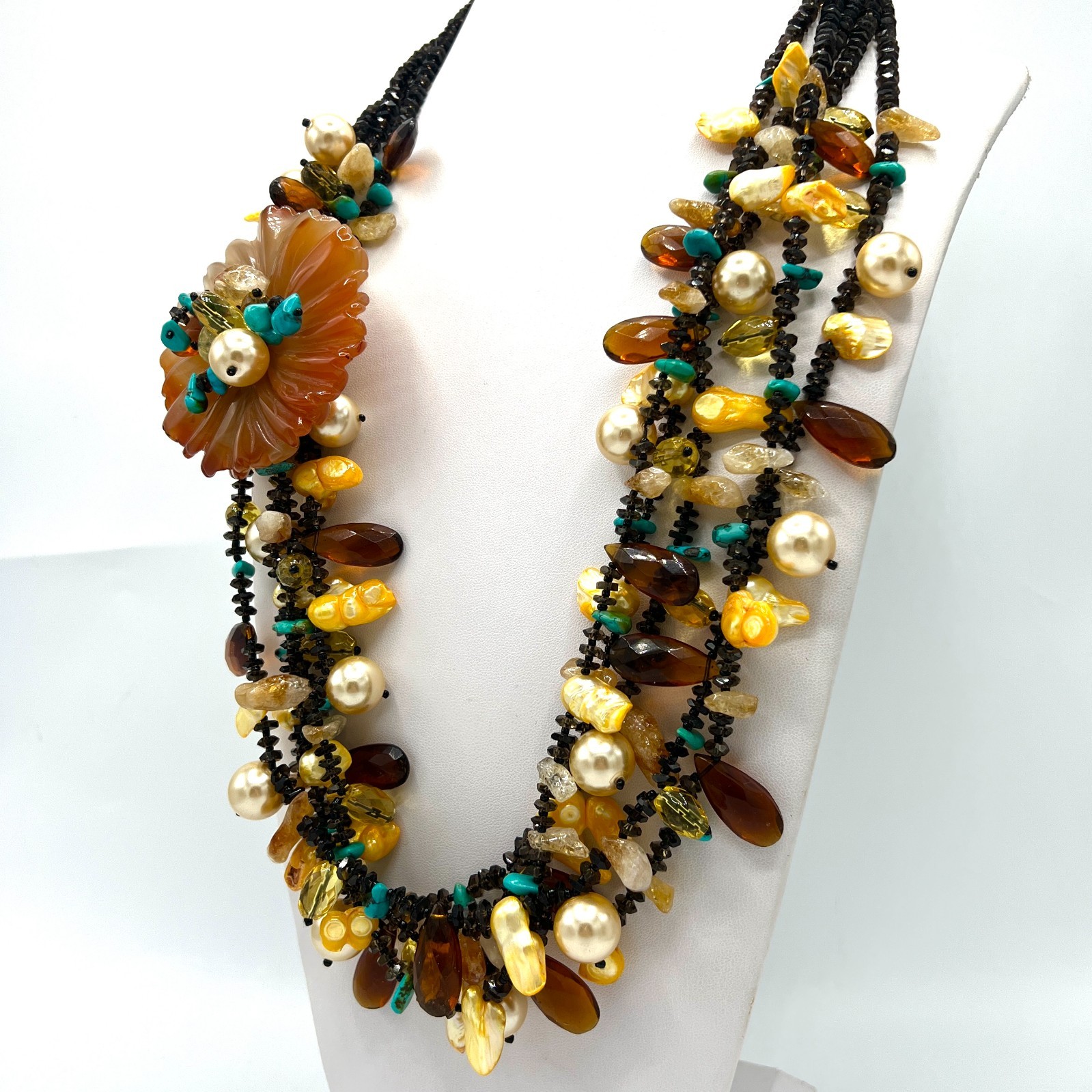 Vintage Artisan Multi Strand Necklace Carved Carnelian Flower Freshwater Pearls