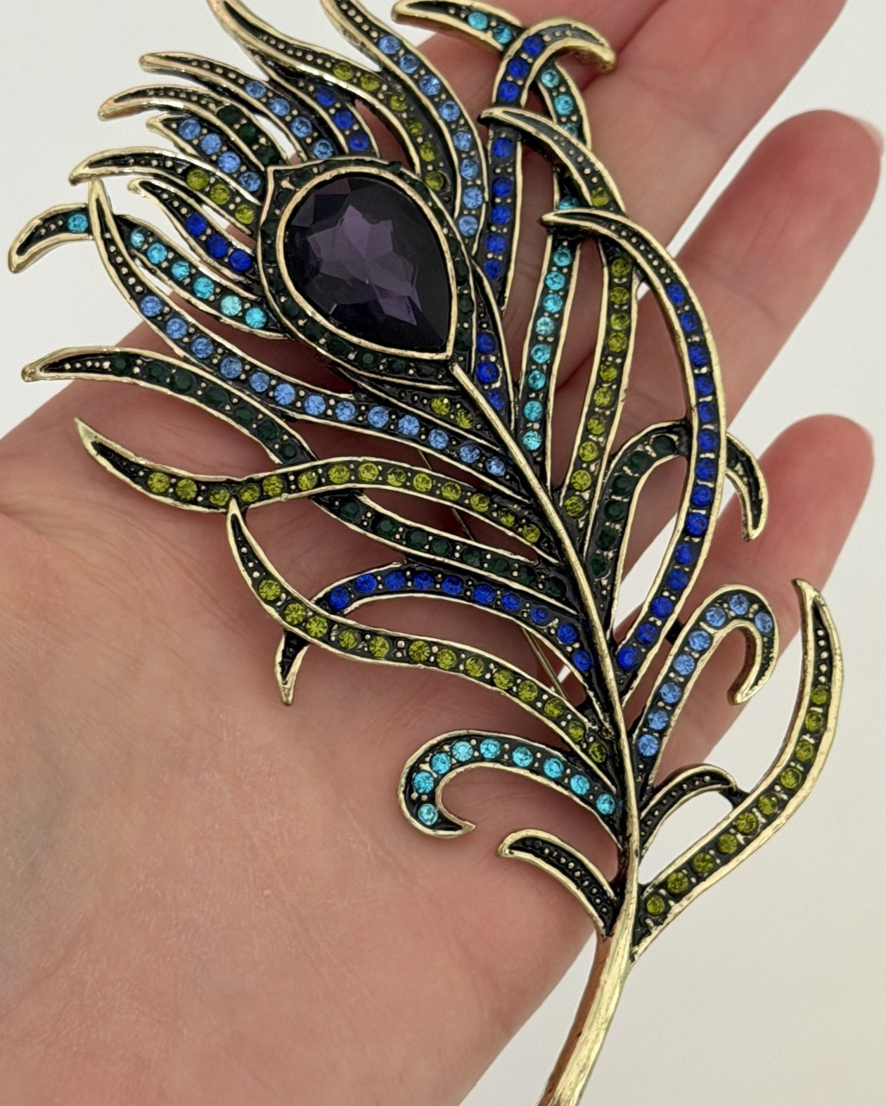 Heidi Daus Signed Vintage Big Peacock Feather Rhinestone Brooch Pin Purple Blue