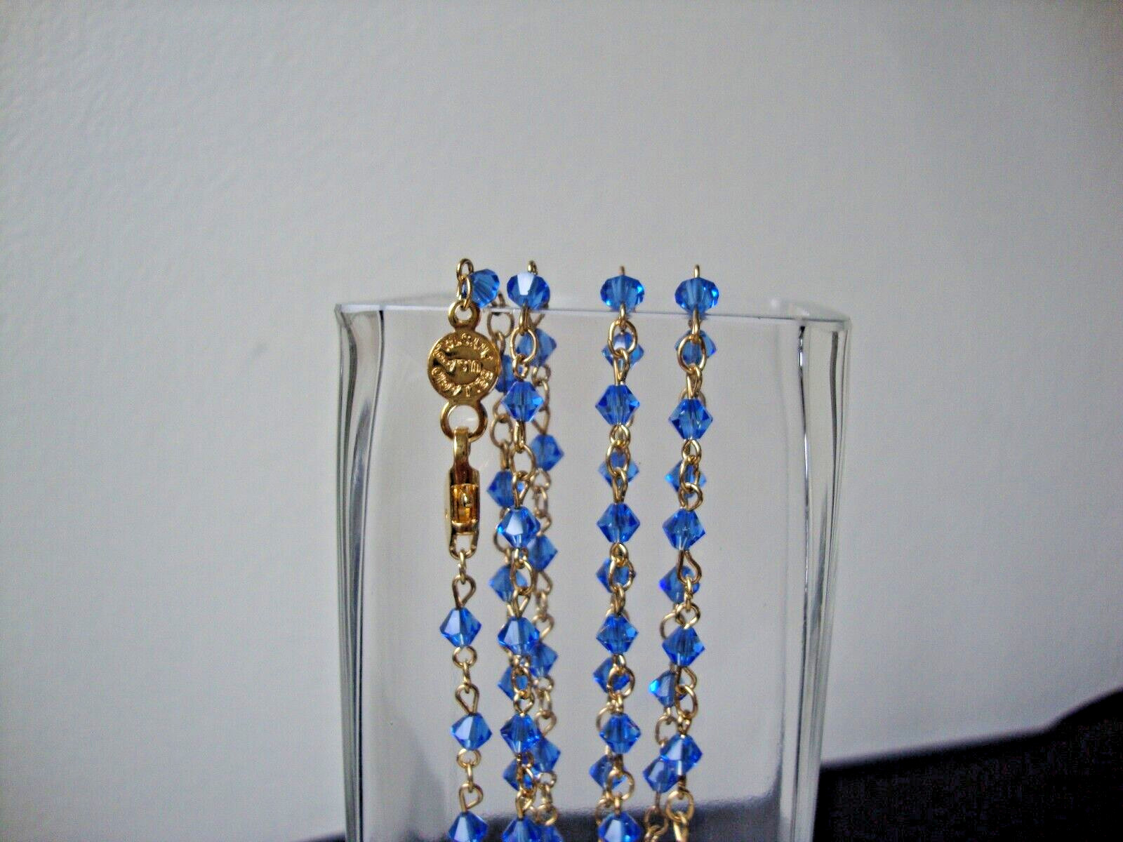 VINTAGE MINIATURE AUSTRIAN CRYSTAL SWISS BLUE CRYSTAL BEADS GOLD TONE NECKLACE