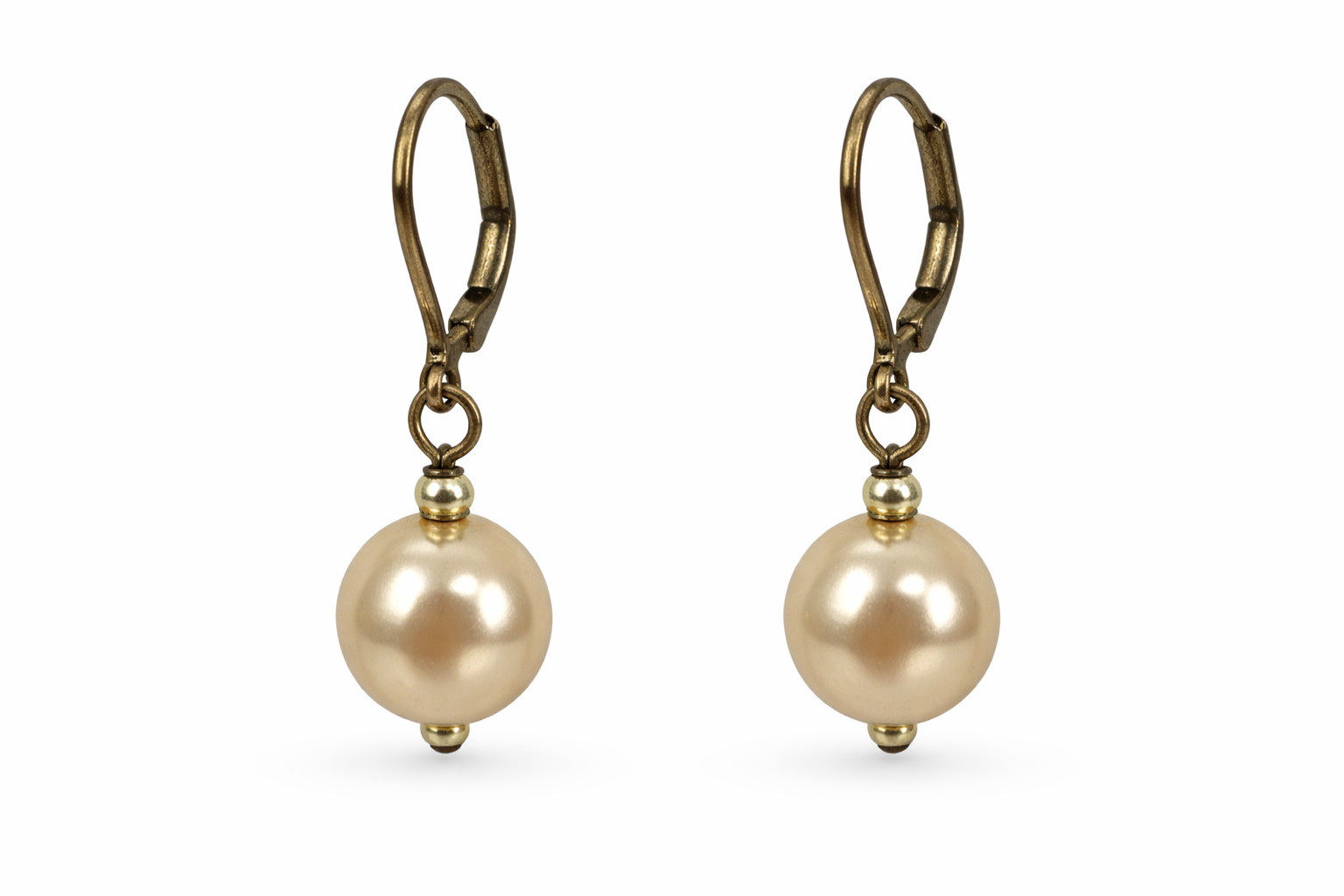 Vintage Brass Tone Faux Pearl Drop Earrings Leverback Classic Elegant Dangle