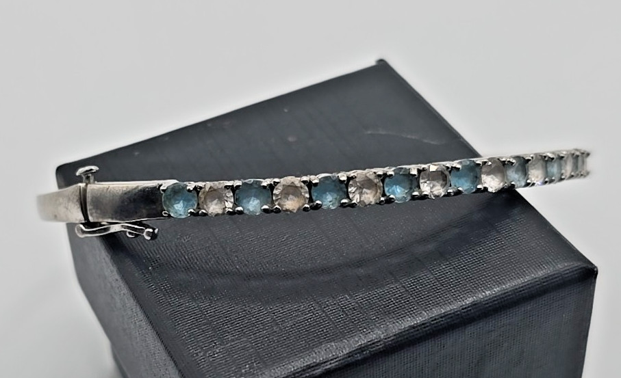Vintage Signed SUN Sterling Silver Blue Topaz White Sapphire Cuff Bracelet 10.4g