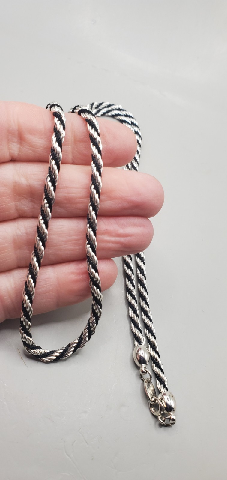 2 Vtg Twisted Rope Chains: Avon Heavy 24″, Silvertone & Black 30″