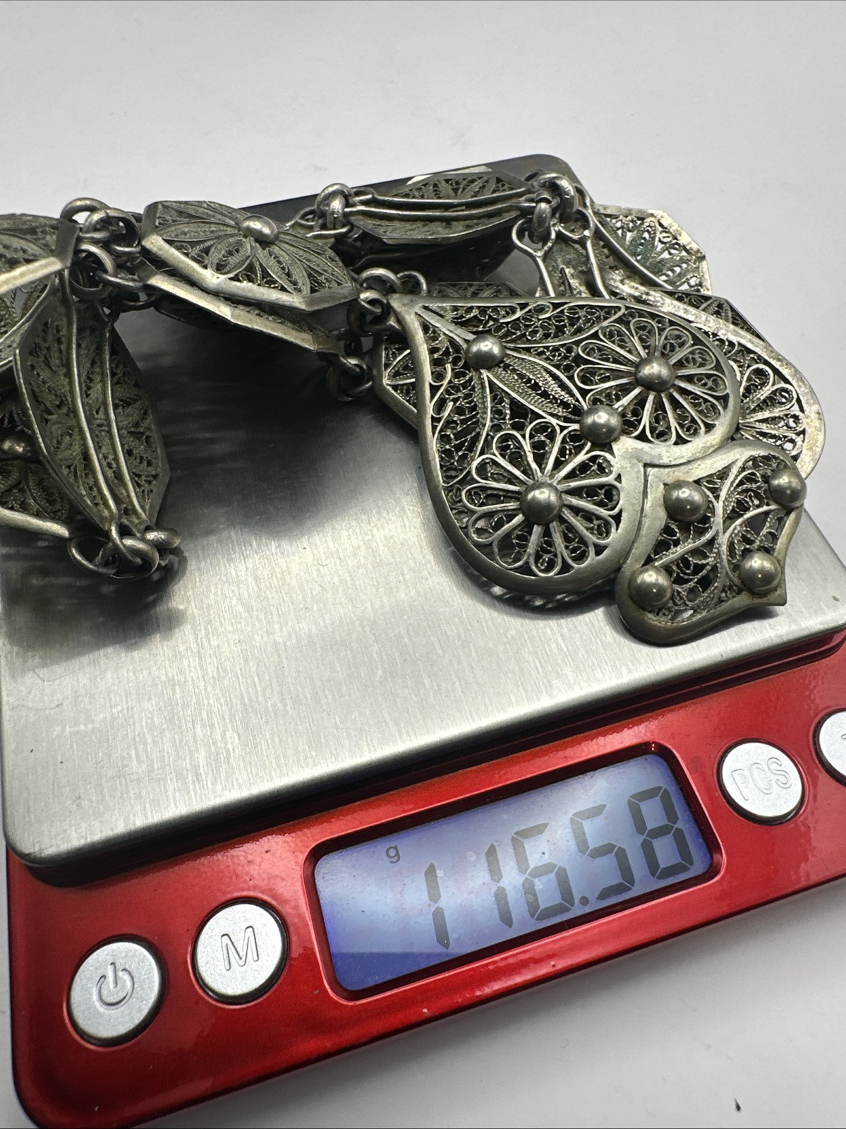 Antique 800 Silver Filigree Necklace Hearts Flowers Front Close English Hallmark