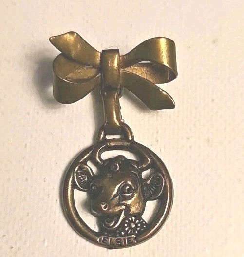 Vintage BORDEN Dairy ELSIE THE COW PIN BROOCH Bow Gold Tone Milk