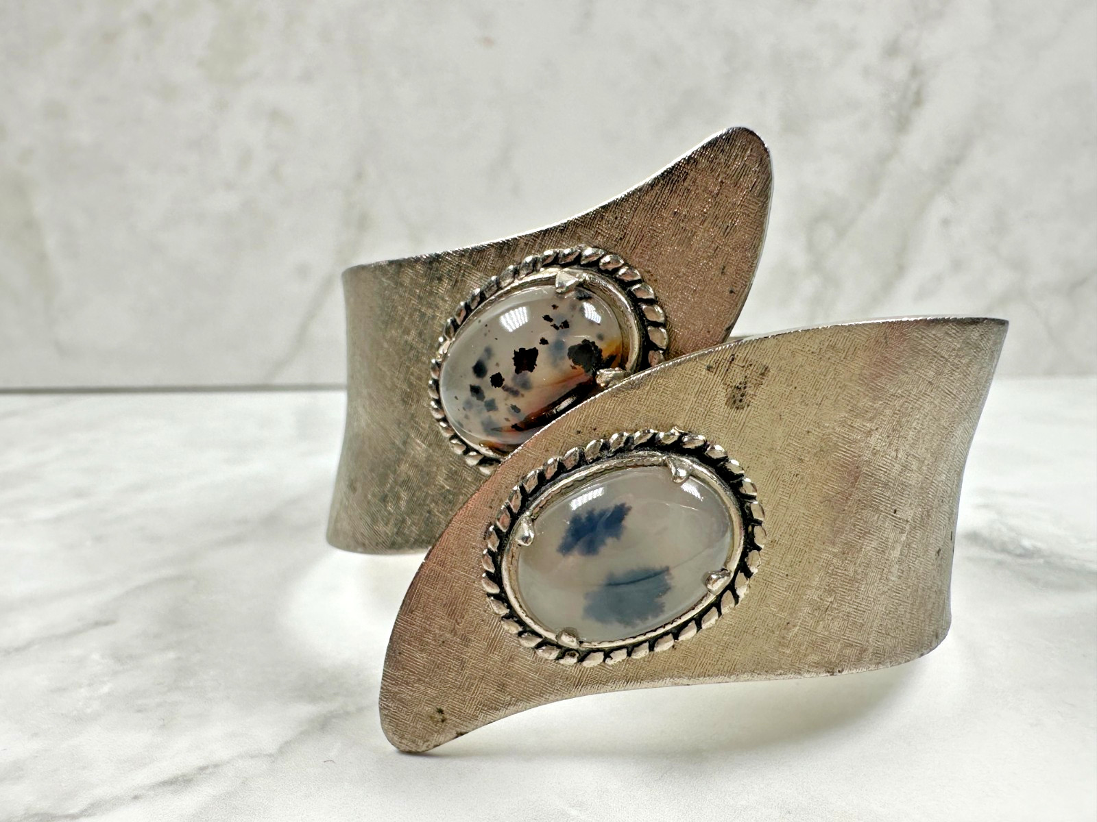 Silver Tone Hinged Bracelet with Two Resin Stones – 6″ Inside Diameter (Small!)