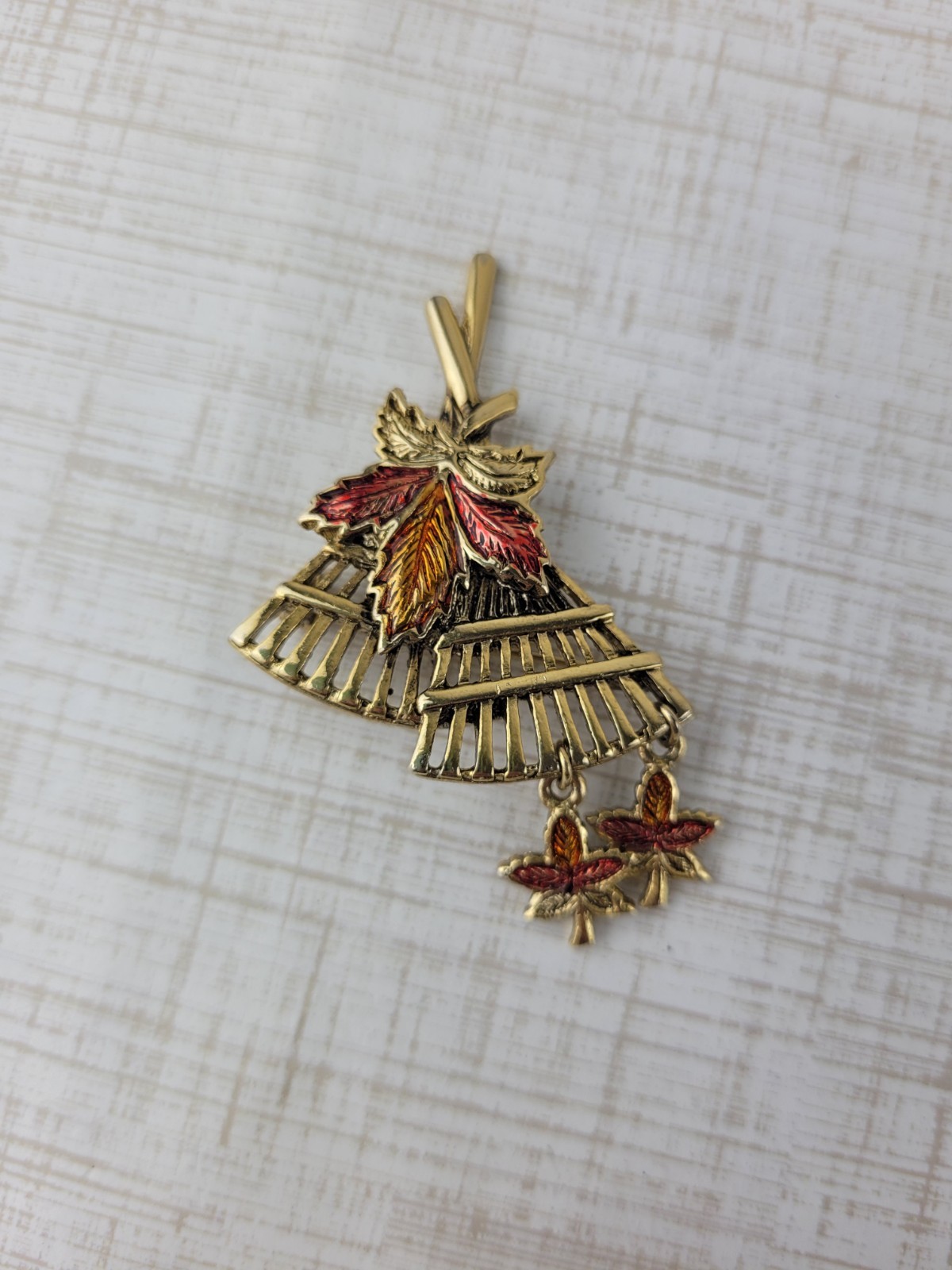 Vintage Fall Brooch Rake Multicolor Enamel Dangle Leaves Fall Colors