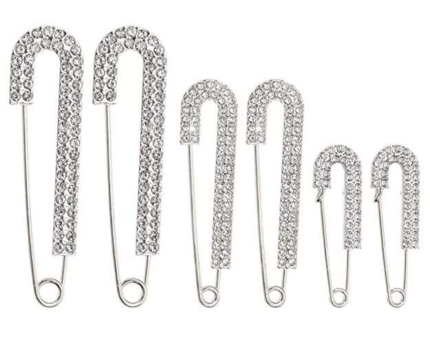 Penta Angel Rhinestone Safety Pins – 6 Pcs Faux Crystal Brooch Clips – Silver