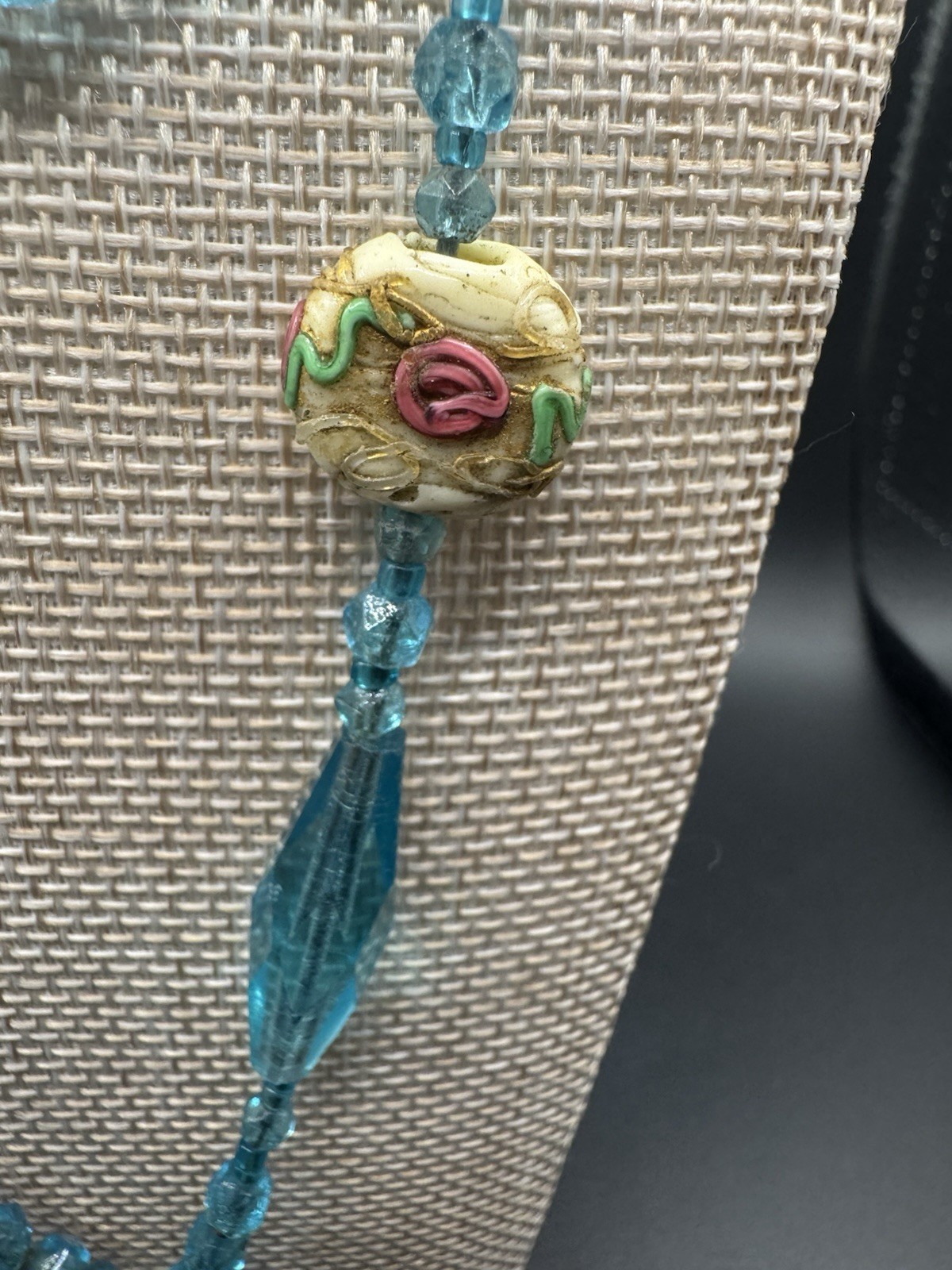 VTG Venetian Glass Wedding Cake & Blue Glass Beads Tassel Hand Knot Necklace 32″
