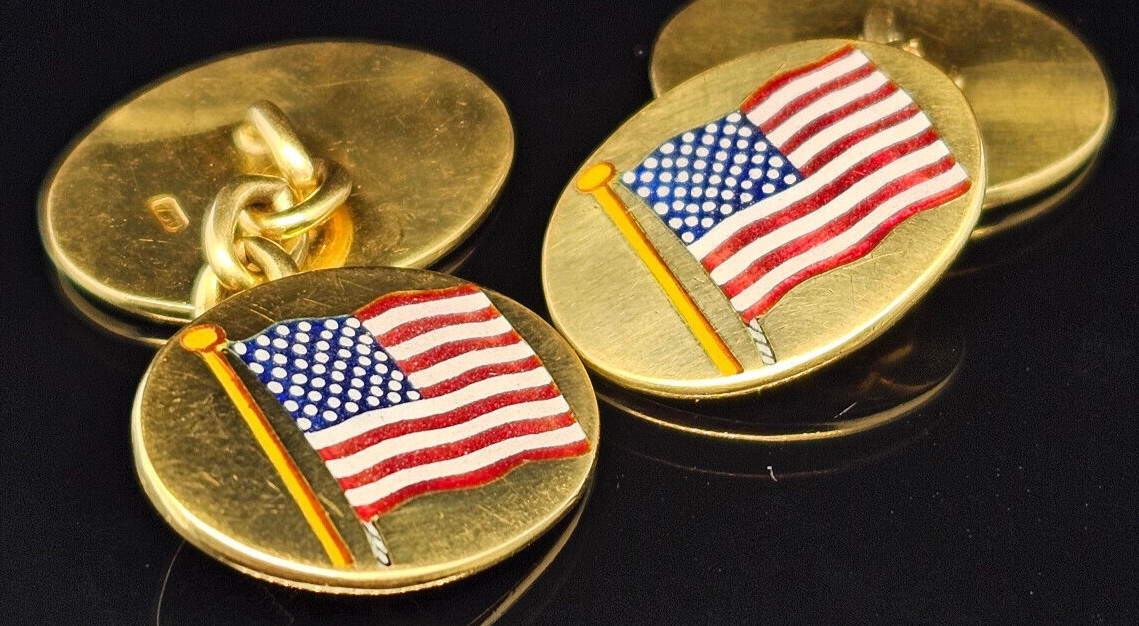 18K Gold Deakin & Francis AMERICAN FLAG and EAGLE Cufflinks Made in England
