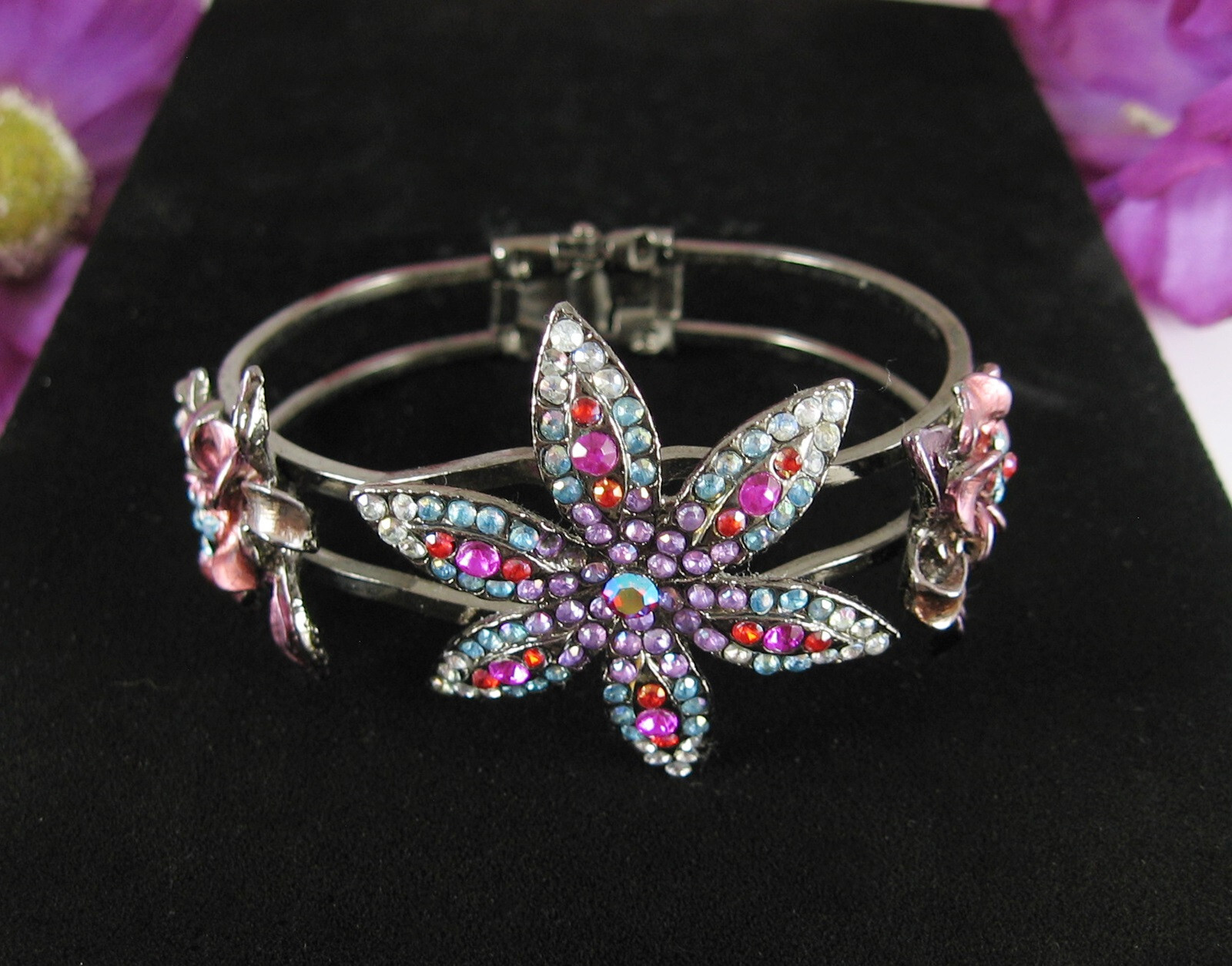 Color RHINESTONE CLAMPER BRACELET Vintage Flowers Pink Purple Gunmetal Gray