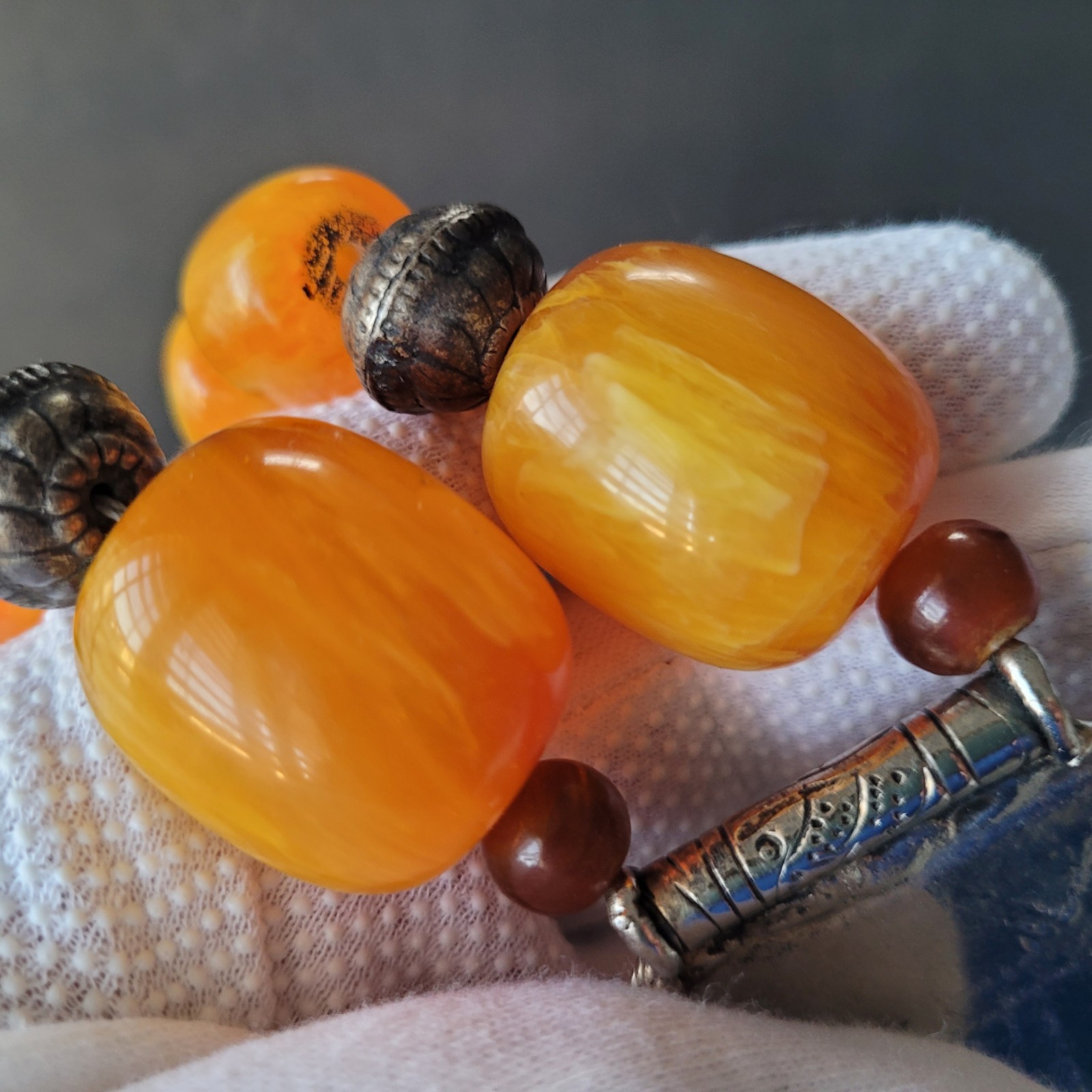 Vtg Pressed Amber Resin ? Prayer Beads Necklace Silverplate Pendant Moroccan