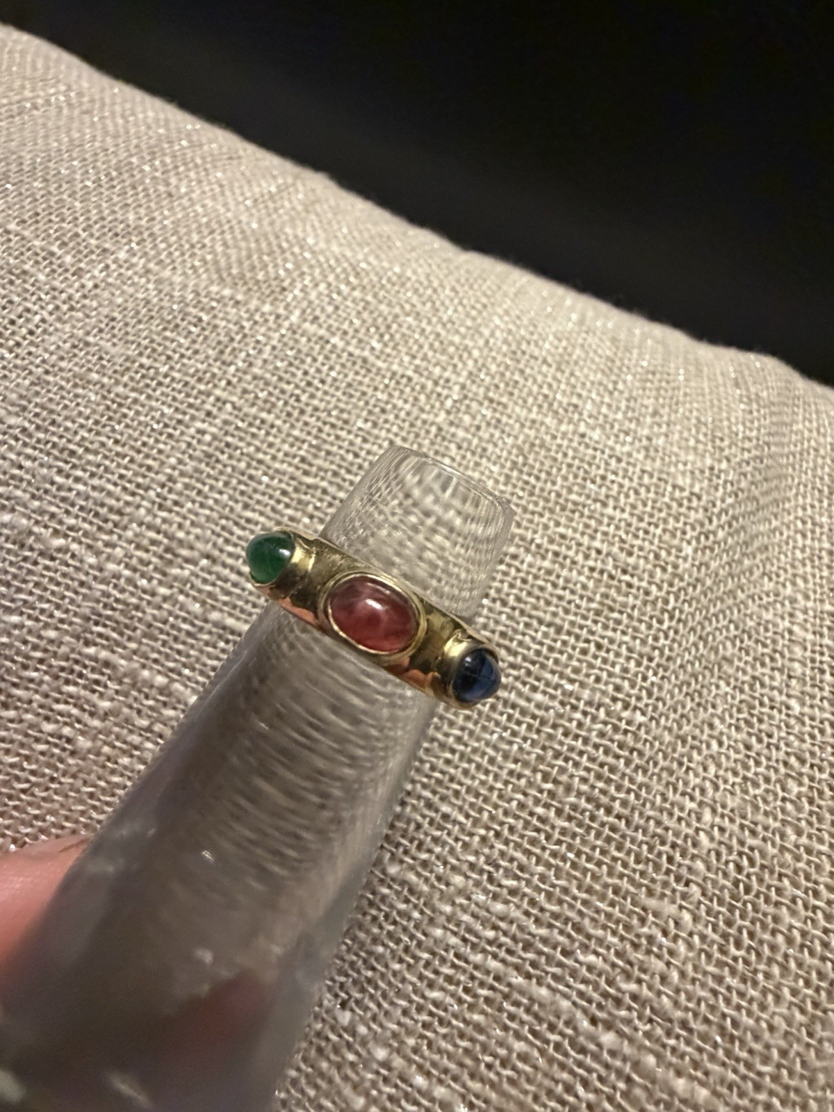 VTG 14 kt gold plated cabochon gemstones: a sapphire, a ruby, and an emerald, 6